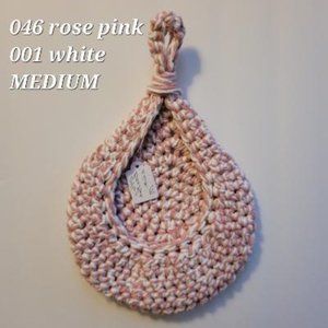MEDIUM 046 ROSE PINK 001 WHITE HANDMADE CROCHETED  HANGING WALL BASKET 2 STRAND